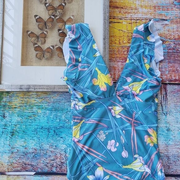 Modcloth The Kelsie Blue Floral Deep V One-Piece Swimsuit S - Picture 8 of 10